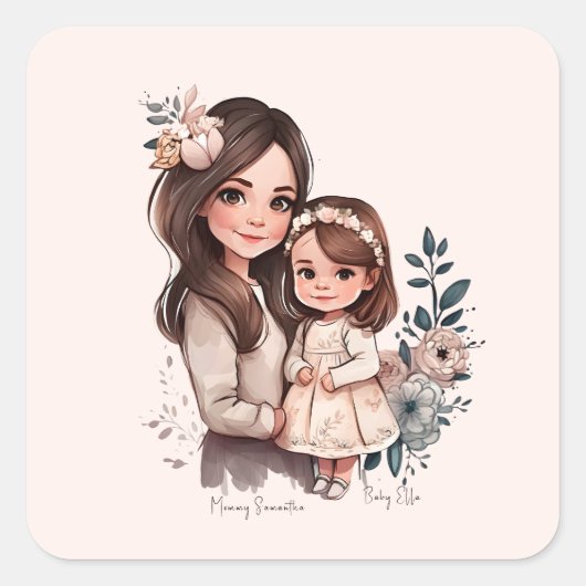 Sticker Carré Caution adorable mère et fille (3) (Devant)