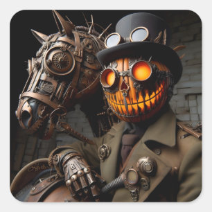 Sticker Carré Cavalier de la citrouille Steampunk Halloween