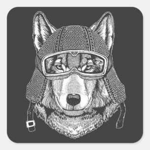 Sticker Carré Cavalier de moto de chien de loup