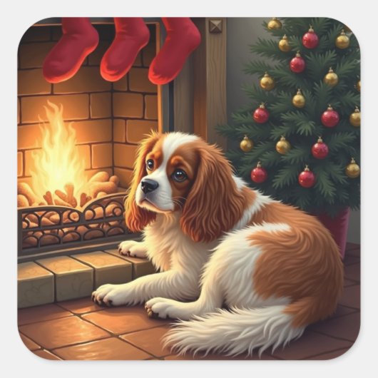 Sticker Carré Cavalier King Charles by the Fireplace Christmas (Devant)