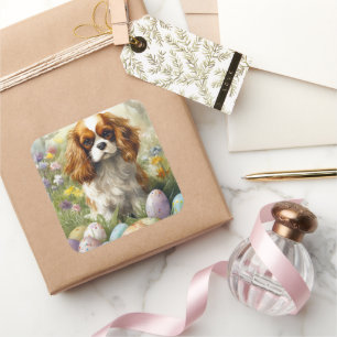 Sticker Carré Cavalier King Charles Spaniel avec Oeufs de Pâques