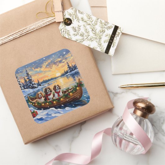 Sticker Carré Cavalier King Charles Spaniel Christmas Boat (Cadeaux)