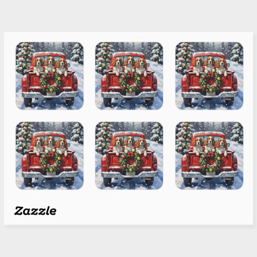 Sticker Carré Cavalier King Charles Spaniel Christmas Red Truck (Feuille)