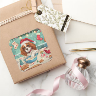 Sticker Carré Cavalier King Charles Spaniel Cuisinant pour Noël