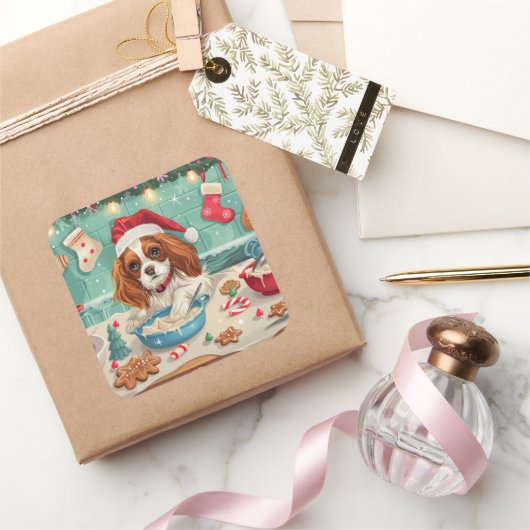 Sticker Carré Cavalier King Charles Spaniel Cuisinant pour Noël (Cadeaux)