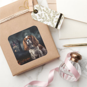 Sticker Carré Cavalier King Charles Spaniel Halloween effrayant
