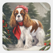 Sticker Carré Cavalier King Charles Spaniel Noël Chien (Devant)
