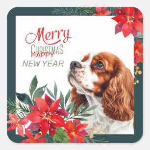 Sticker Carré Cavalier King Charles Spaniel rouge et blanc Poins