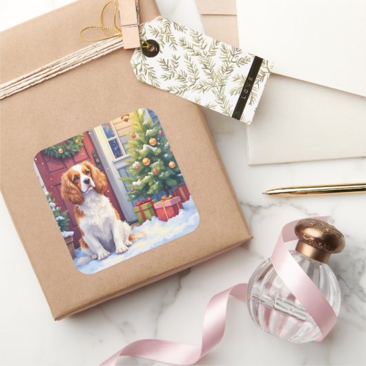 Sticker Carré Cavalier King Charles Spaniel Snowy Christmas (Cadeaux)