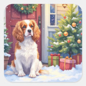 Sticker Carré Cavalier King Charles Spaniel Snowy Christmas (Devant)