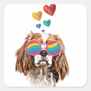 Sticker Carré Cavalier King Chien avec coeurs Saint-Valentin