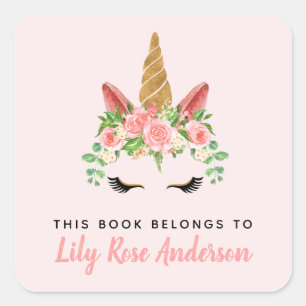 Sticker Carré Ce Livre Appartient À Pink Unicorn Bookplate