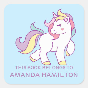 Sticker Carré CE LIVRE APPARTIENT À ROSE CUTE UNICORN bleu pâle