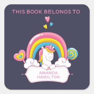 STICKER CARRÉ CE LIVRE APPARTIENT À ROSE TRENDY UNICORN RAINBON