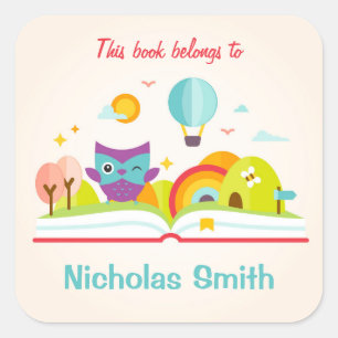 Sticker Carré Ce livre appartient aux étiquettes, hibou autocoll
