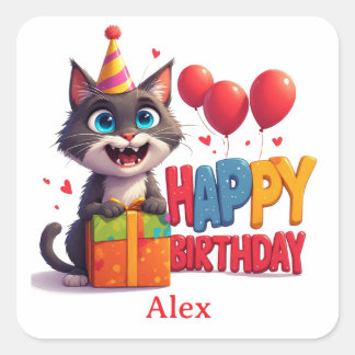 Sticker Carré Célébration d'anniversaire de chaton mignon 🥳