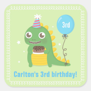 Sticker Carré Célébrations d'anniversaire de dinosaure vert mign