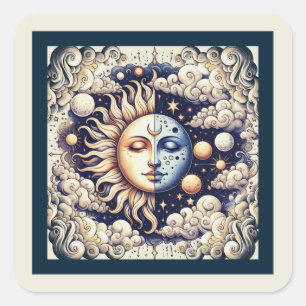 Sticker Carré Céleste Vintage Demi Soleil & Lune Bleu Jaune