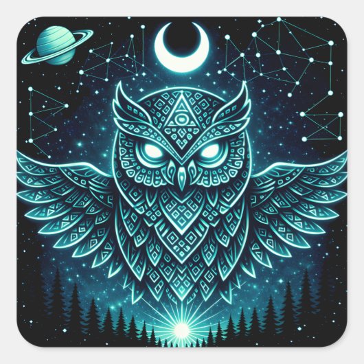 Sticker Carré Celestial Owl – Cosmic Wisdom Wildlife Galaxy (Devant)