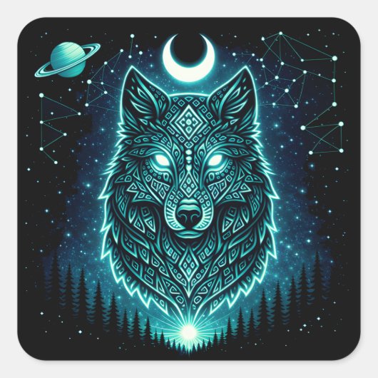 Sticker Carré Celestial Wolf – Cosmic Howl Wildlife Galaxy (Devant)