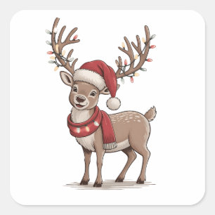 Sticker Carré Cerf Animal Noël Cerf Chapeau de Père Noël Xmas