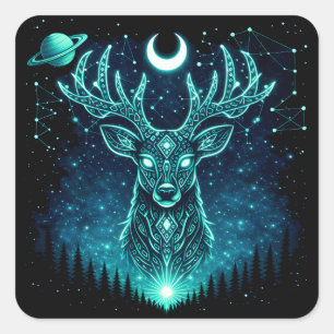 Sticker Carré Cerf Céleste – Galaxie de la Faune Grâce Étoilée