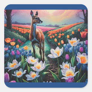 Sticker Carré Cerf dans les fleurs