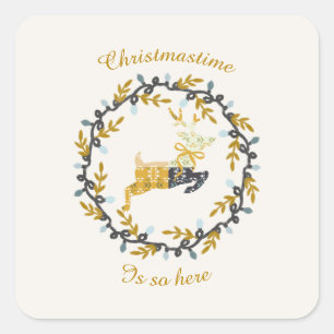 Sticker Carré Cerf de Noël & Couronne Crème Jaune