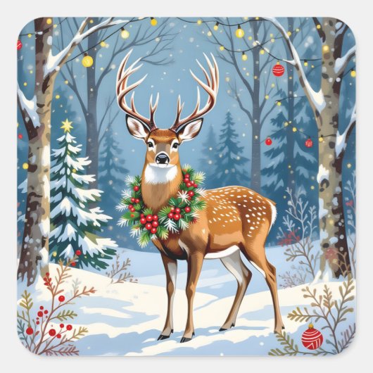 Sticker Carré Cerf de Noël en forêt d'hiver festive (Devant)