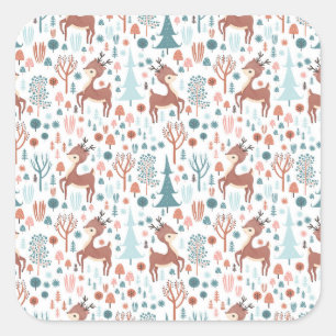 Sticker Carré Cerfs mignons dans un motif de forêt fantaisiste