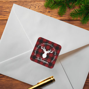 Sticker Carré Cerfs Rennes Noël Plaid Rouge Noir Buffalo Bois de