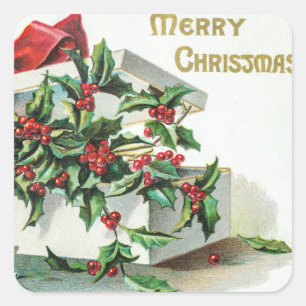 Sticker Carré Cerise de Noël Art vintage avec voeux