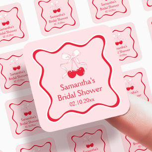 Sticker Carré Cerise Rose Rouge Sur Le Haut Ruban Cadeau de Fête