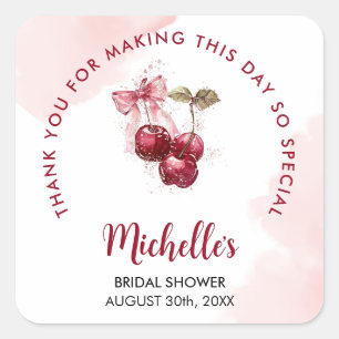 Sticker Carré Cerise sur le dessus Merci Cadeau de Mariage d'Été