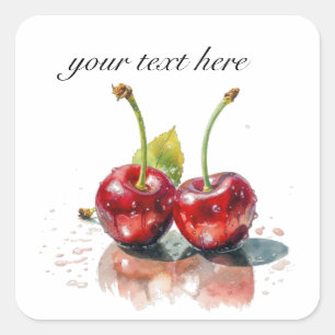 Sticker Carré Cerises Sweetheart à l'aquarelle, personnalisé