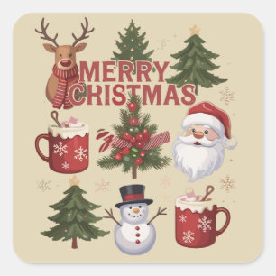 Sticker Carré C'est la saison Arbre de Noël Père Noël Latte Noël