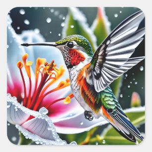 Sticker Carré C'est un bel oiseau-colibri d'hibiscus givré b