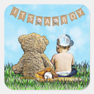 Sticker Carré C'est un garçon, Baseball Sceau de Baby shower à t