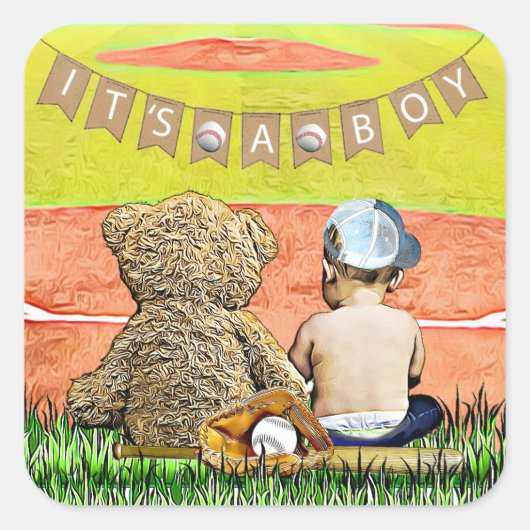 Sticker Carré C'est un garçon, Baseball Sceau de Baby shower à t (Devant)