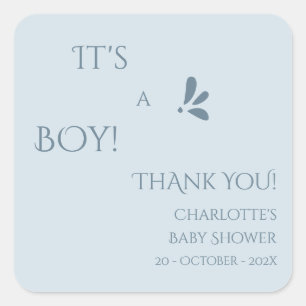 Sticker Carré C'est un garçon ! Minimalisme Baby Shower Bleu Pas