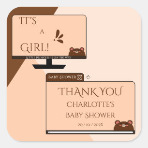 Sticker Carré C'est une fille ! Ours mignon sur écran d'ordinate
