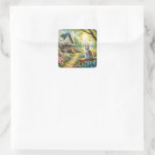 Sticker Carré Chalet de printemps/jardin & chat (Sac)