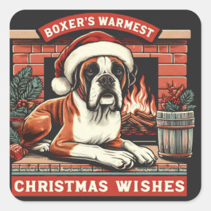 Sticker Carré Chaleureuse cheminée Scène Vintage Boxer Chien Noë