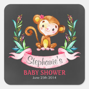 Sticker Carré Chalkboard Aquarelle Singe Baby shower Fille