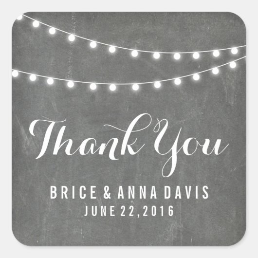 Sticker Carré Chalkboard Été Chaîne Lumière Mariage Merci (Devant)