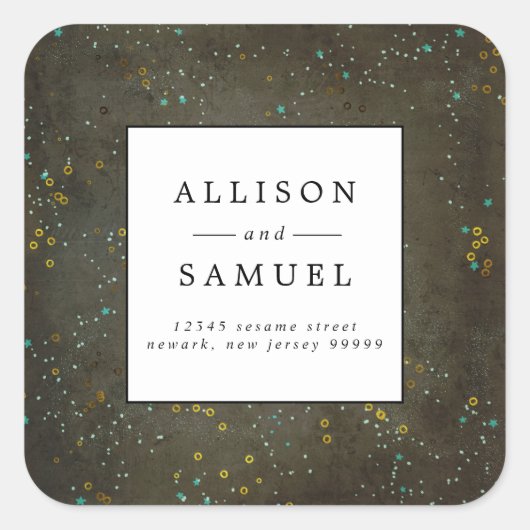 Sticker Carré Chalkboard Gold Silver Star Mariage Adresse de ret (Devant)