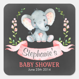 Sticker Carré Chalkboard Watercolor Elephant Girl Baby shower