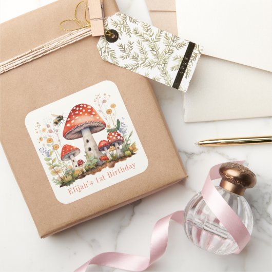 Sticker Carré Champignons Floral Abe Worm Boy Anniversaire (Cadeaux)