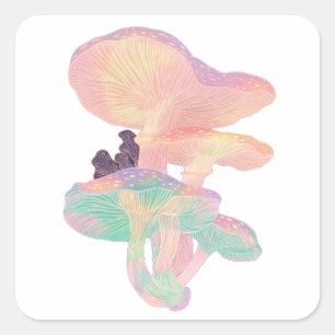 Sticker Carré Champignons holographiques - Style vectoriel mysti