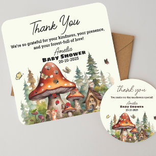Sticker Carré Champignons rustiques Bois Baby shower Merci